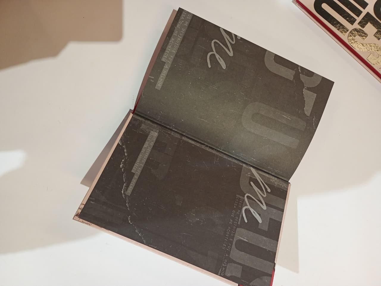 Folhas de guarda escuras com o título do livro em textura